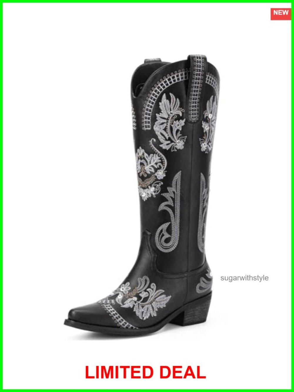 Western Cowgirl Boots Knee High Rhinestone Embroidered Chunky Heel